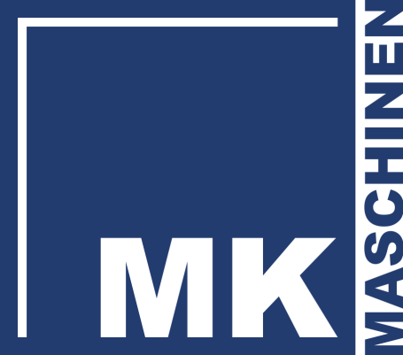 MK Maschinen GmbH Logo blaues Quadrat mit weißem Fugenwinkel oben und links, rechts unten im Eck MK in Großbuchstaben, Maschinen in Großbuchstaben rechts neben dem Quadrat hochkant geschrieben