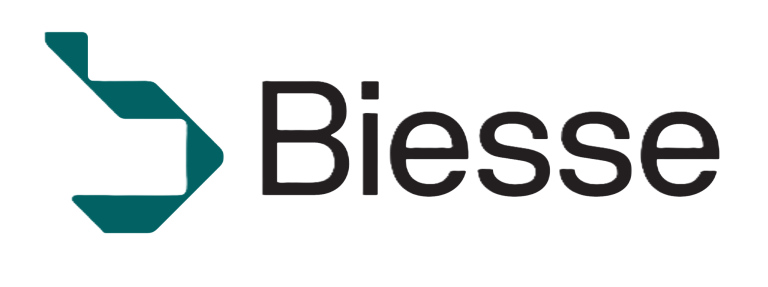 Logo von Biesse mit stilisiertem Pfeil und Schriftzug in modernem Design.